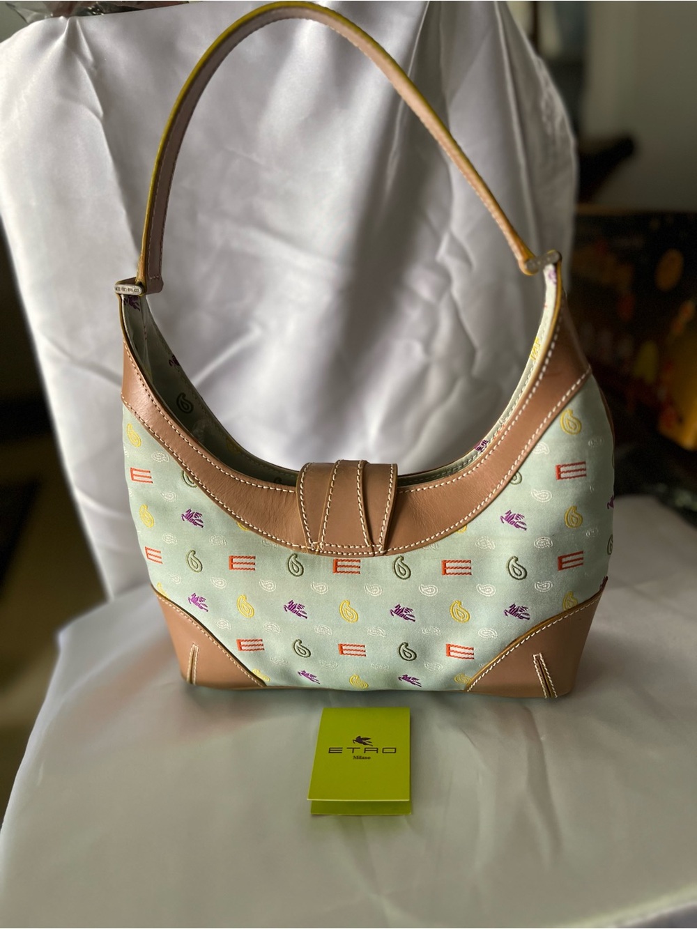 Etro Light Green Canvas Shoulder Bag with Tan Leather Trim